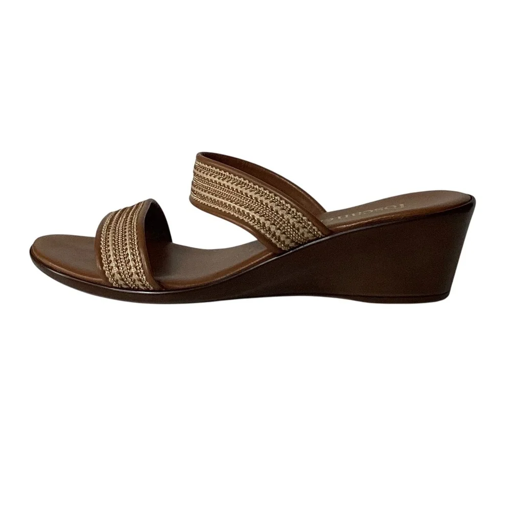 Toscanella Italian Brown Leather Wedge Sandals Gold Woven Slides Size 8 Italy